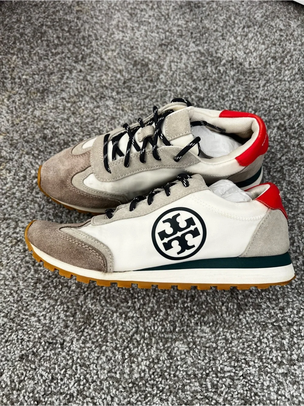 Tory Burch Men's Suede & Mesh Sneakers - White, Taupe & Red - Picture 6 of 8
